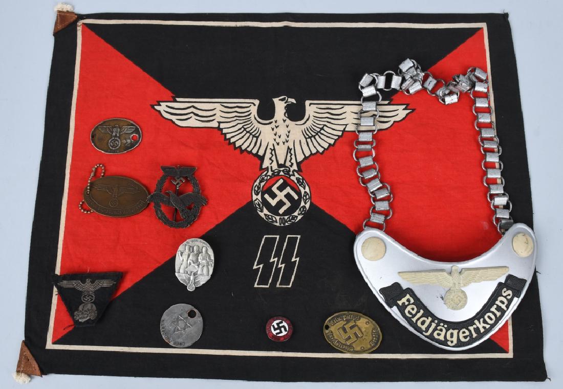 NAZI FLAG, GORGET, PINS, & MORE: Lot of Nazi Items of which mostly are reproduction. Includes Flag, Gorget, Badges, Pins, Patch, and More. Flag measures 17"x13" Excellent