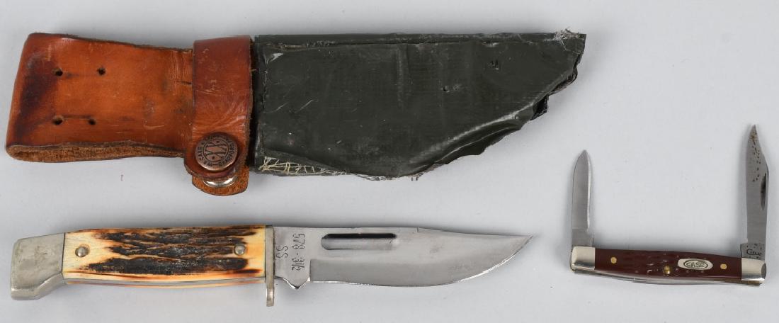 2- VINTAGE CASE XX KNIVES: Includes Case XX Knife 578 3 1/2 SS with Leather Sheath with tape and Case XX Folding Pocket Knife with 2 Blades USA 6233 SS. Largest measures 7 1/4" Excellent