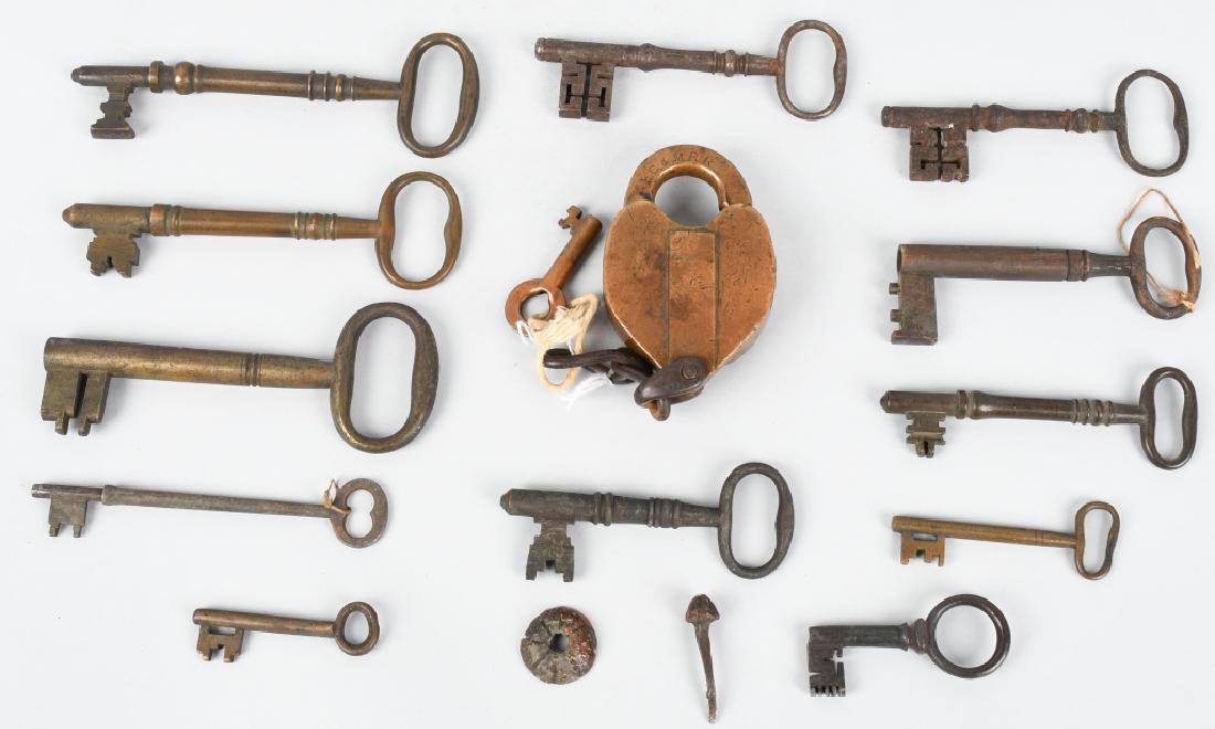 ANTIQUE RAILROAD LOCK & SKELETON KEYS: EC&M Rail Road Lock with Key. Plus 12 Skeleton Keys. Largest measures 6" Excellent