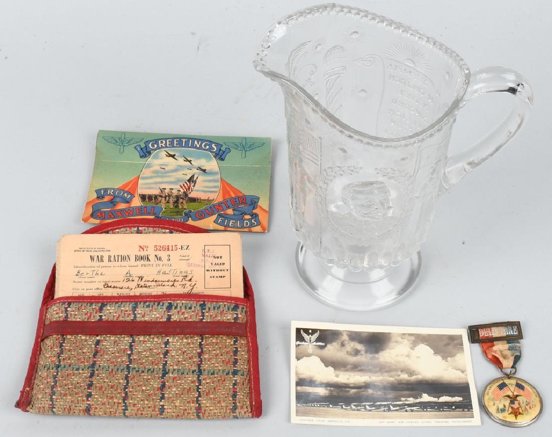 DEWEY PITCHER, GAR BUTTON, & MORE: Lot includes Admiral Dewey Glass Pitcher, 1894 GAR Delaware Button, Maxwell & Gunter Fields Post Cards, and Purse with War Ration Books. Very Good-Excellent