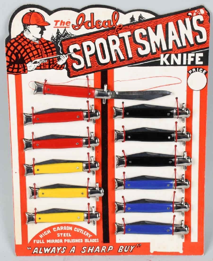 THE IDEAL SPORTSMAN KNIFE STORE DISPLAY: New Old Stock Knife Store Display full of 12 Knives. 13"x10" Display. Near Mint