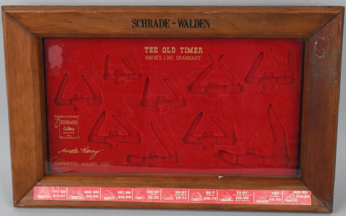 SCHRADE - WALDEN POCKET KNIFE STORE DISPLAY: Very nice wood with glass front Schrade - Walden Pocket Knife Store Display. Has red felt interior with spots for the knives. Has prices along the bottom of the case. 23"x15" Excellent