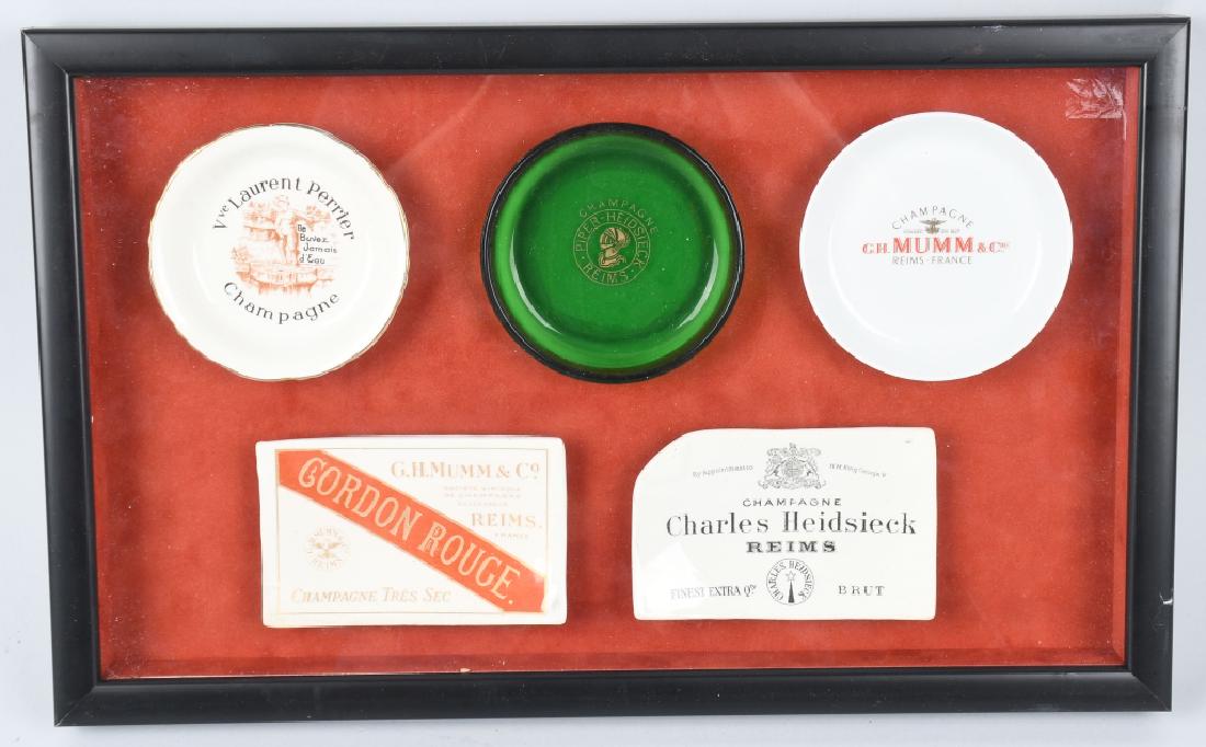 5- VINTAGE CHAMPAGNE TIP TRAYS: Includes Laurent Perrier, Gordon Rouge, Charles Heidsieck, Mumm, and Piper Heidsieck. Largest 5" Excellent