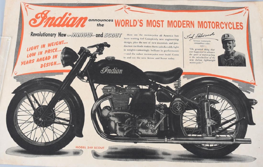 1949 INDIAN ARROW & SCOUT MOTORCYCLE POSTER: Nice original Indian Advertising Poster for the Arrow and Scout. 22" x 14" Excellent