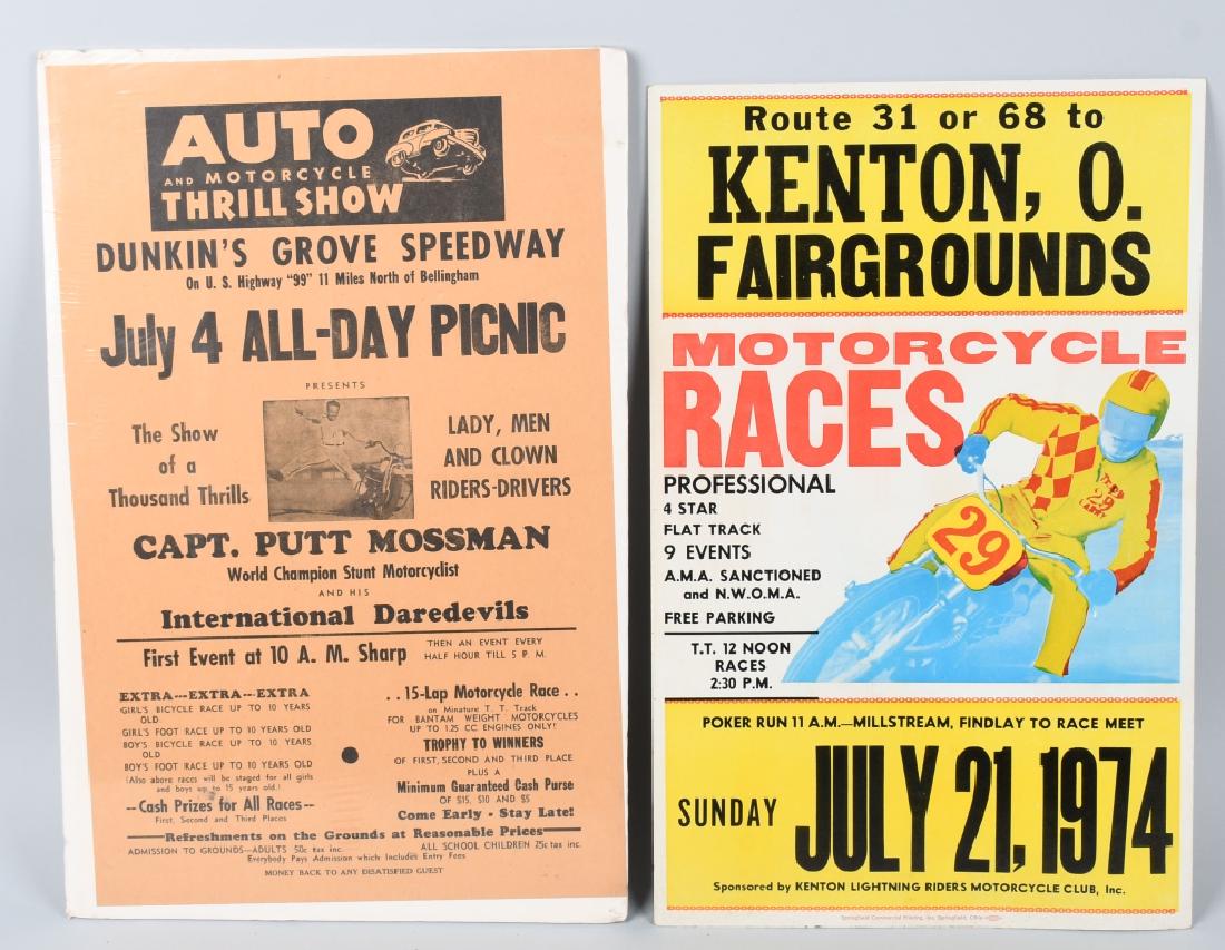 2- MOTORCYCLE RACE & THRILL SHOW POSTERS: Includes 1950s Auto & Motorcycle Thrill Show from Dunkin"s Grove Speedway. Plus1960s Motorcycle Race Poster from Kenton, Ohio. Both very nice. 22"x14" Excellent