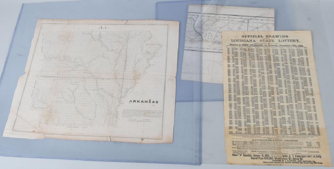 19th CENTURY MAP & PAPER GROUP: Includes 1848 map of Arkansas which shows Indian boundary lines, Official Louisiana State Lottery drawing advertisement and Perine's War Man of the South. All have slight condition issues but are well