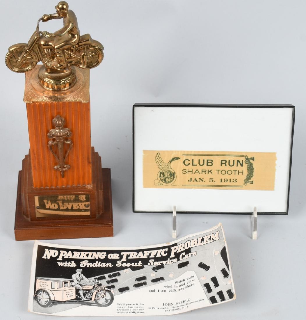 VINTAGE MOTORCYCLE MEMORABILIA: Includes 1956 Sunset Ramblers Motorcycle Trophy, 1913 BMC Shark Tooth Club Run Ribbon, and Harley Davidson Blotter. Largest 12" Excellent