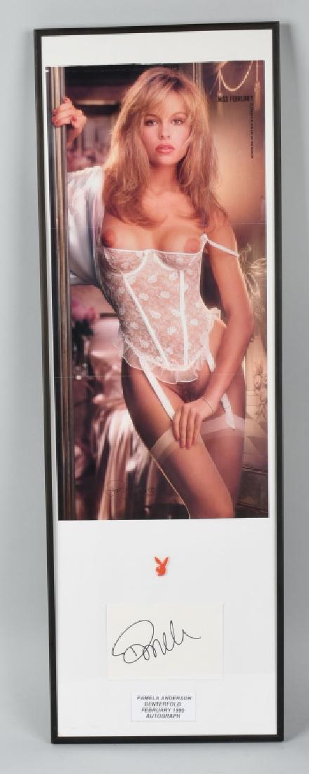 PAMELA ANDERSON SIGNED CENTERFOLD w/ COA: February 1990 Pamela Anderson Playboy Centerfold with Autograph. Has been framed for display. Comes with Autograph Czar Inc COA, 36"x12" Excellent