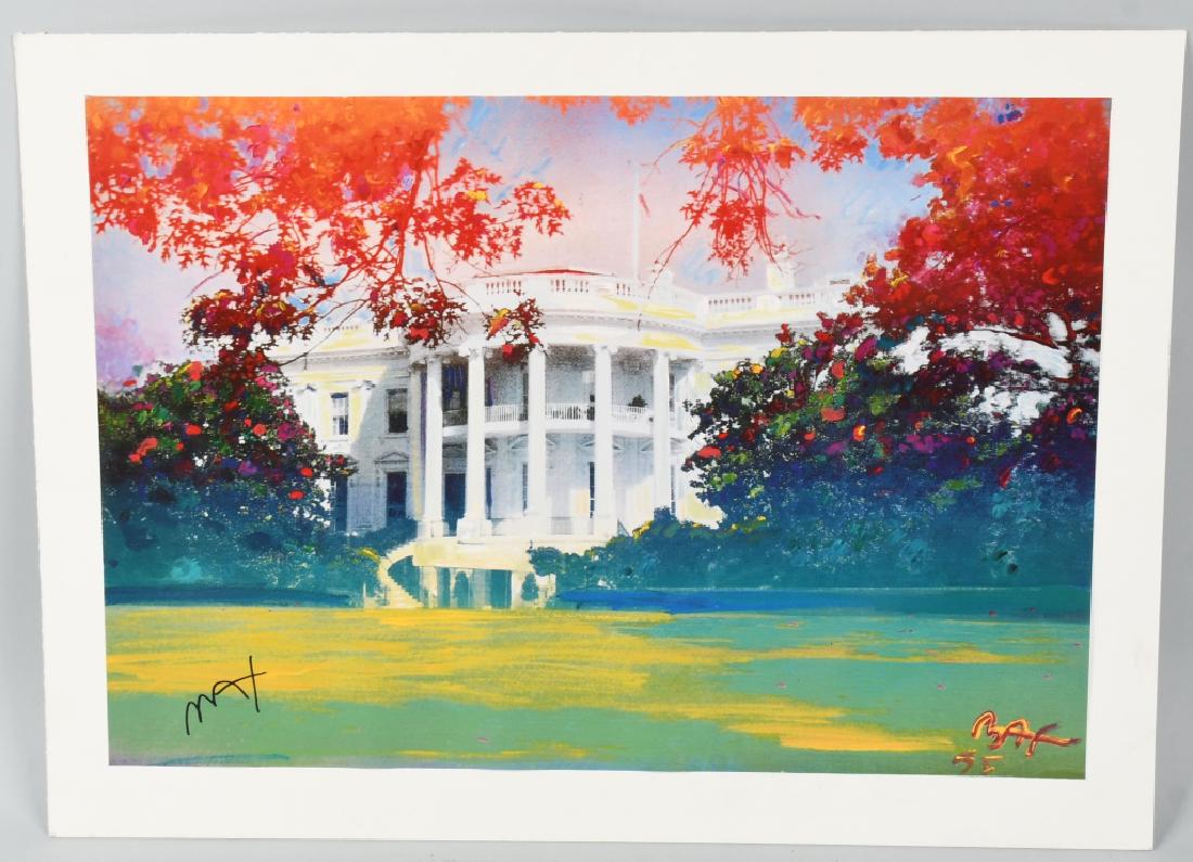 PETER MAX "THE WHITE HOUSE FELLOWS" SIGNED POSTER: Peter Max hand signed "The White House Fellows" Poster. Great colors and image of the White House. Signed lower left in black marker. Has been mounted on heavy board ready to frame. 26"x19" Excellent