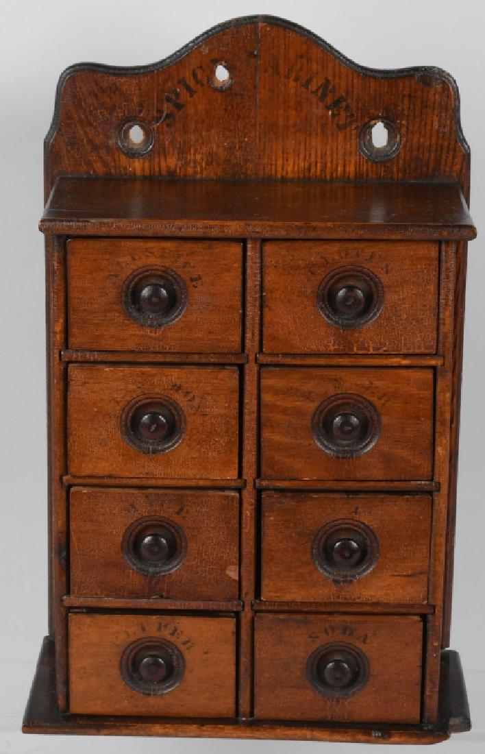 EARLY WOODEN SPICE CABINET: Very nice early wooden Spice Cabinet. Great looking wood with black stenciled Spice names on the drawers. Very nice patina. 17"x10 1/2" Excellent