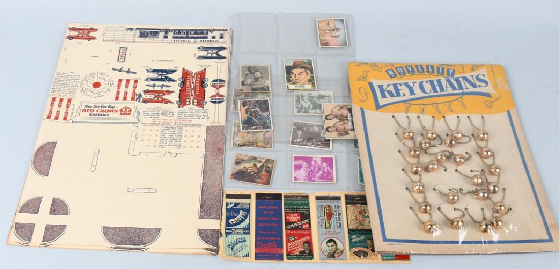 GAS PREMIUMS, TRADING CARDS, & MORE: Includes 3 Red Crown Gasoline Paper Gas Stations, Novelty Baseball Key Chains on Card, Hopalong Cassidy Trading Cards, Other Trading Cards, and Match Books. Excellent