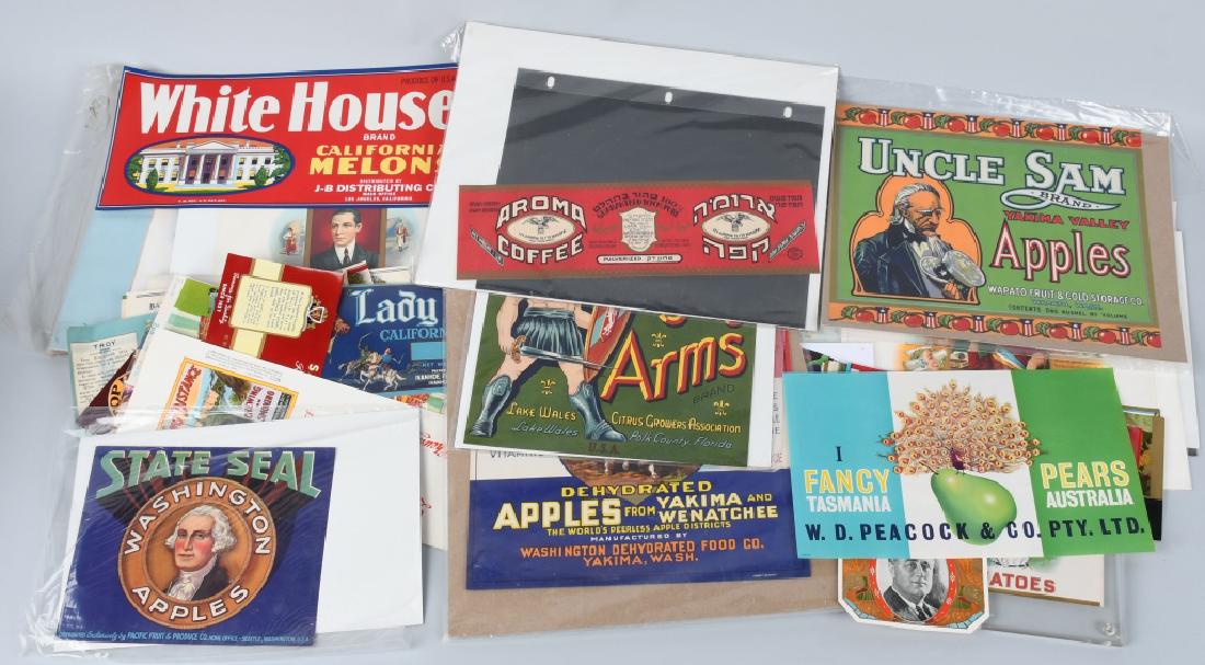 60+ VINTAGE CAN & TOBACCO LABELS LINCOLN JACKSON: Over 60 vintage can and cigar box labels. Many full-color advertising illustrations, depicting subjects ranging from Abraham Lincoln, George Washington, and Andrew Jackson. Also includes unused can la