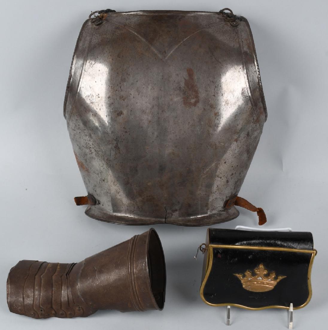 3 PCS OF NAPOLEONIC STYLE MILITARY ARMOR & EQPMENT: 3 Pieces of Napoleonic era style equipment. Cartridge box with leather cover and velvet interior has a 5 pointed crown on the cover. Back plate for Curriassier armor chest piece, and partial hand gaun