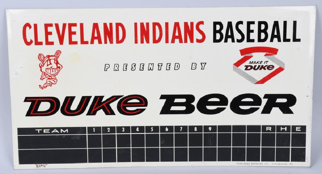 DUKE BEER CLEVELAND INDIANS TIN SCOREBOARD SIGN: Nice original Dukes Beer Cleveland Indians tin Scoreboard Sign. Nice colors and Chief Wahoo logo. Has a few minor spots. Displays great. 26"x14" Excellent