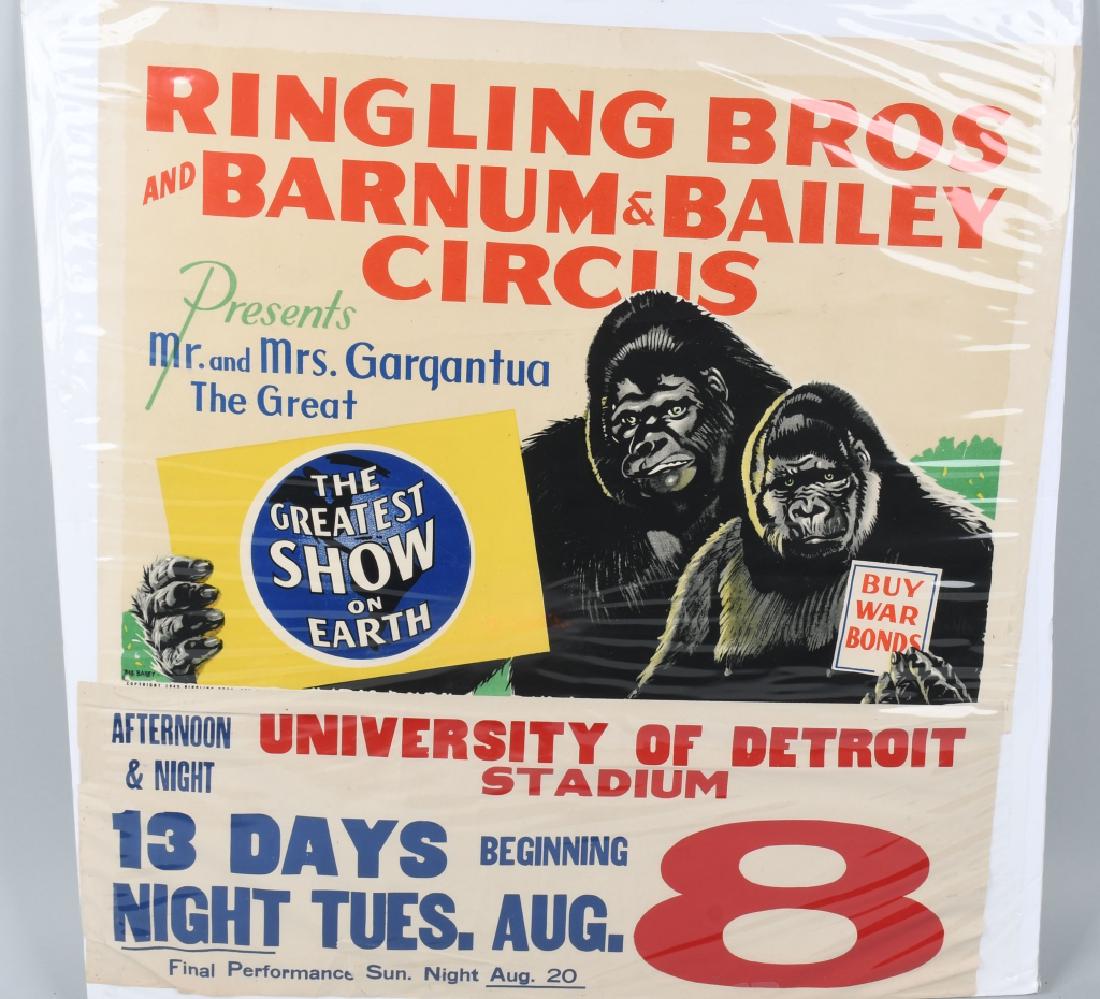 1943 RINGLING BROS. AND BARNUM & BAILEY POSTER: 1943 Bill Bailey design featuring Mr. and Mrs. Gargantua promoting the circus and buying war bonds. Half sheet measuring 28" by 21", not including separate date banner that measures 28" by 10". Great 