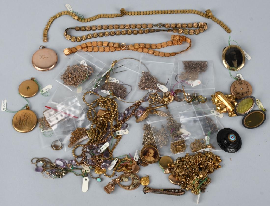 LARGE VICTORIAN GOLD FILLED JEWELRY GROUP: To include a nice selection of early Lockets, Necklaces, pins, Pendants and more. Very Good