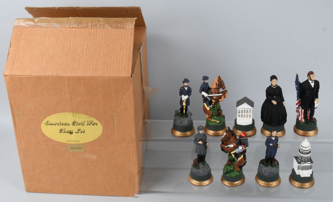 HAND PAINTED CIVIL WAR CHESS SET ENGLAND: Complete, new in the box hand painted American Civil War Chess Set. Includes Union and confederate officers, Abraham Lincoln, Mary Todd Lincoln, Appomattox, and more. Mint.