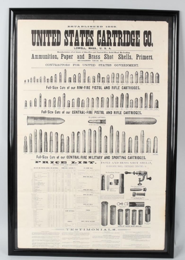 19TH CENTURY UNITED STATES CARTRIDGE CO. POSTER: Poster shows ammo, paper, shot shells and primers. Light surface wear and a few small tears. Size: 35" X 22"