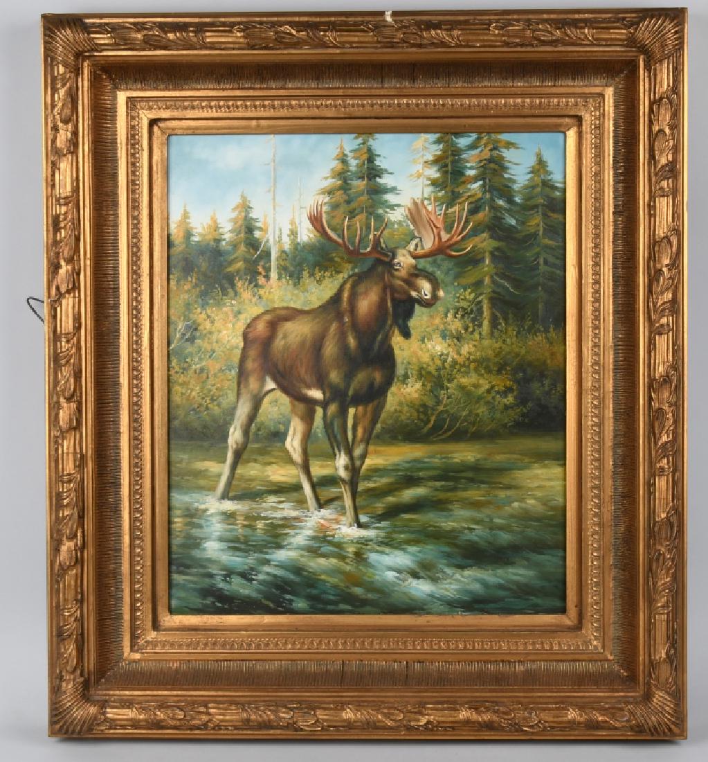 LARGE PAINTING OF MOOSE IN STREAM W GILDED FRAME: Measures approximately 30" x 34" and features a moose standing in a stream. In gilded wood frame, the frame has some damage to the top. Paper label affixed to the bottom rear of the frame reads "Riggs