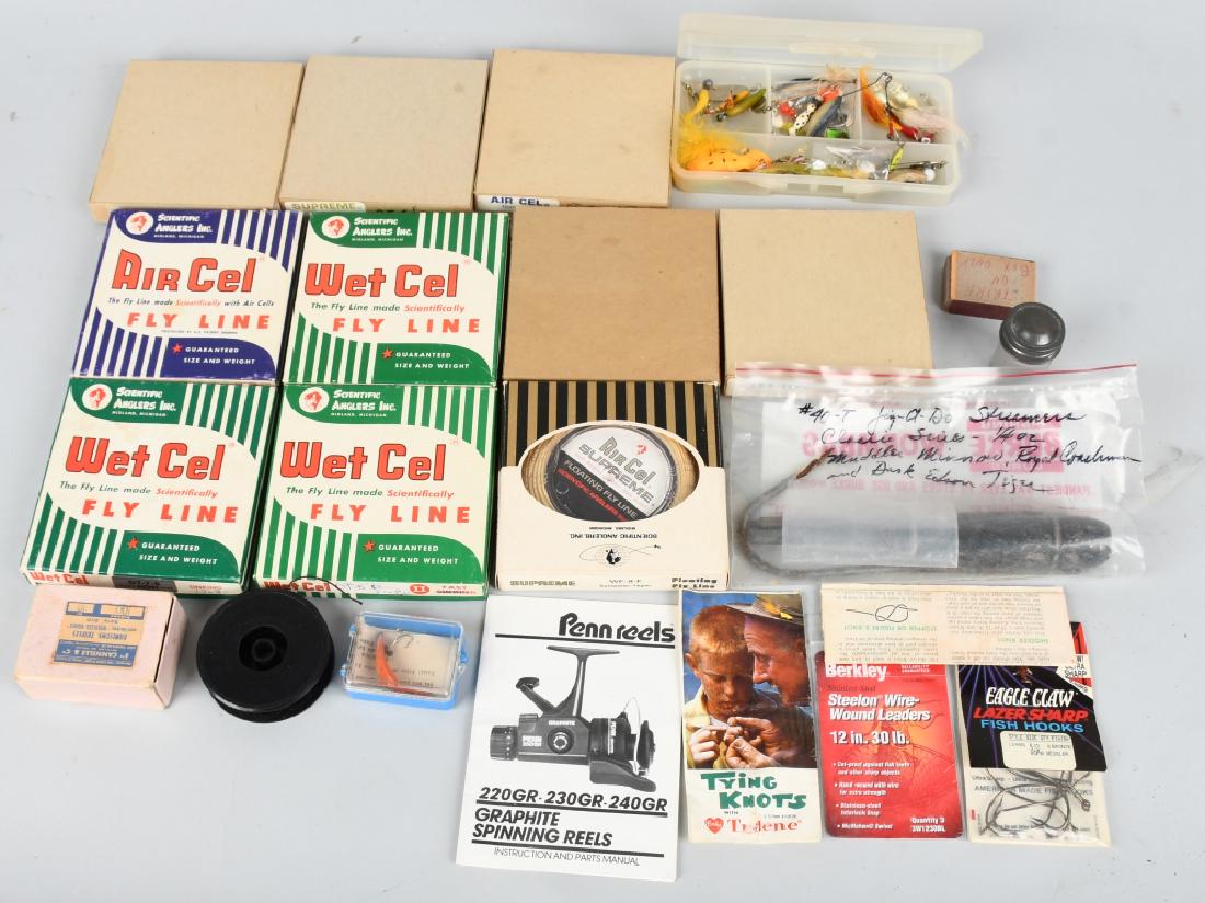 LOT OF FLY FISHING LURES, LINES, EQUIPMENT: Includes fishing line new in the box, small lures, etc. Very Good - Excellent