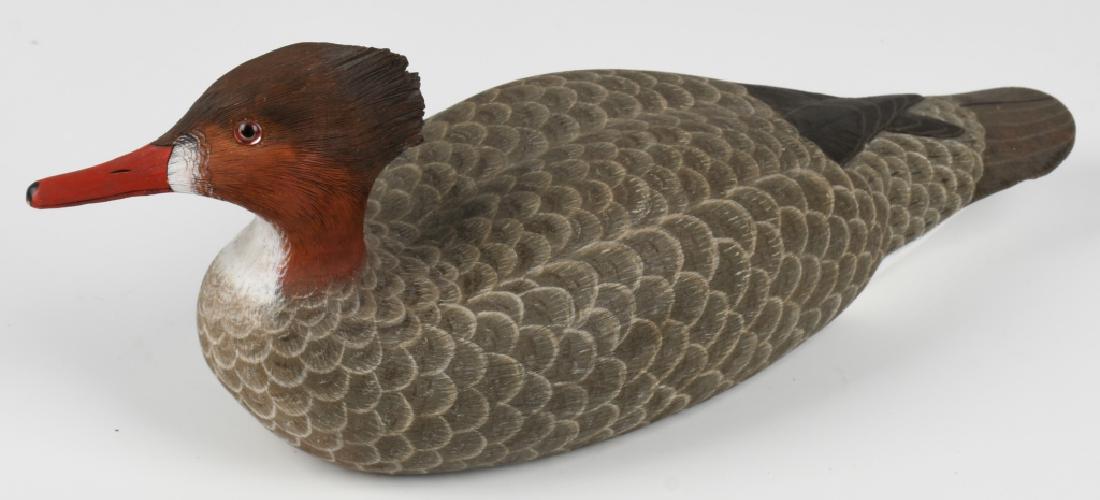 HANDCARVED WOOD DUCK DECOY SIGNED BOB JOE: Wooden decoy, wood duck species. Signed on the bottom in pen "Robert Joseph Watson" with his address. Branded "Handcrafted by 'BOB JOE'" and hand painted. Wood body, glass eyes, dated 1995. Measures a