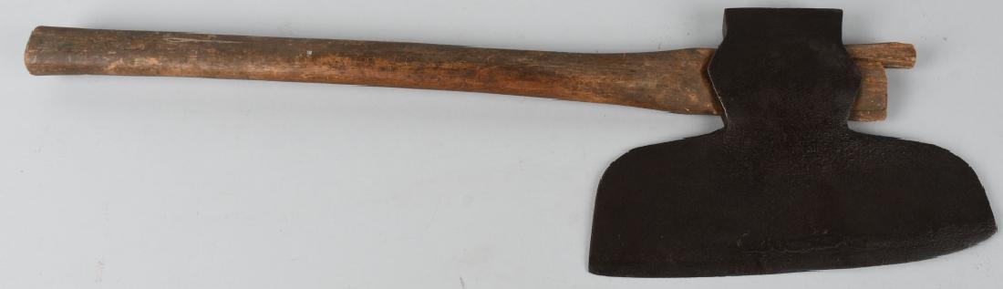 PRIMITIVE ANTIQUE BROAD AXE WITH WOODEN HANDLE: Large antique primitive axe with long wooden handle. Measures 30" overall, with straight blade measuring approximately 13." Not marked. Ca. late 18th Century, early 19th Century. Has 8 "notches" in th