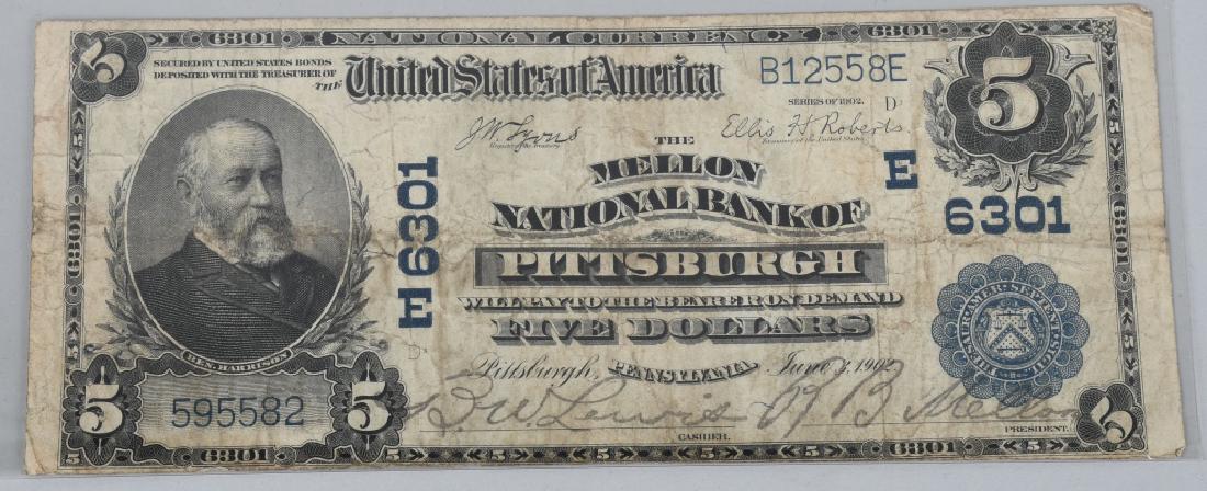 MELLON NATIONAL BANK of PITTSBURG 6301 $5 BILL: Nice original Bank Note. No holes or tears. Has minor creases and wrinkles.