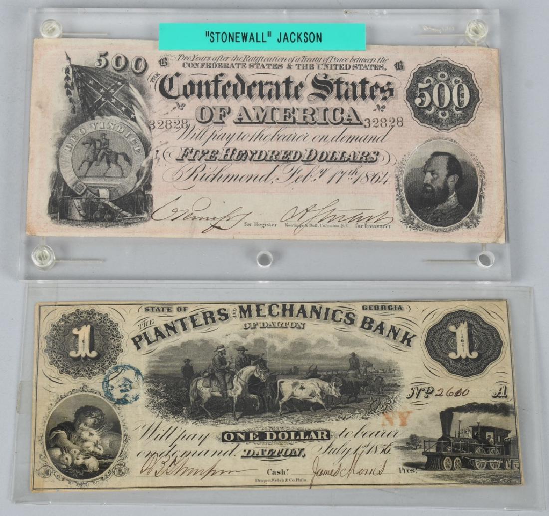 2- CONFEDERATE BILLS: Includes $500 Confederate States of America Richmond, Virginia Stonewall Jackson #32828. Plus $1 State of Georgia Planters and Mechanics Bank Note. Both Excellent