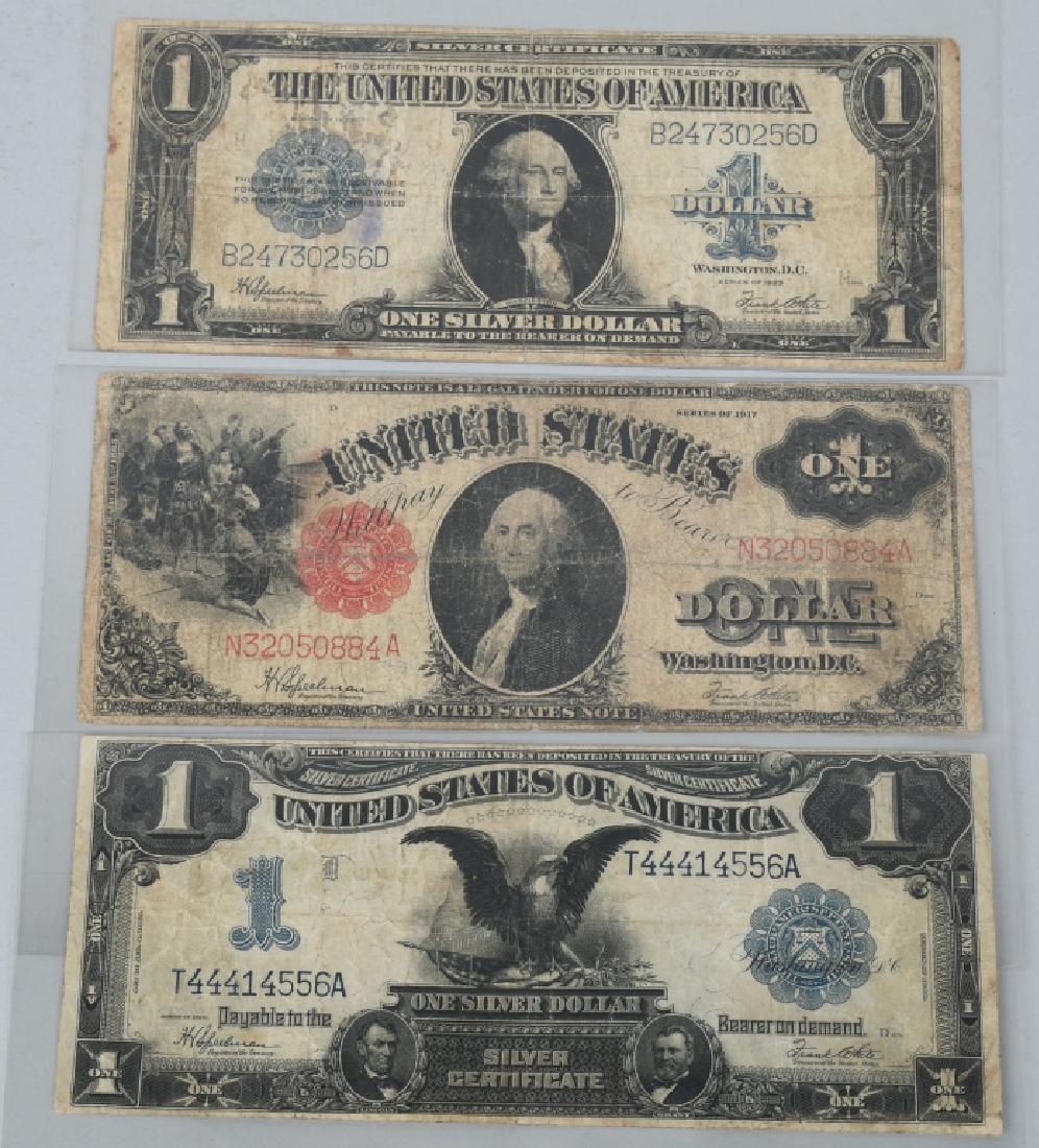 3- LARGE SIZE US $1 BILLS: Includes Series of 1917, Series of 1923, and Series of 1899. All circulated.