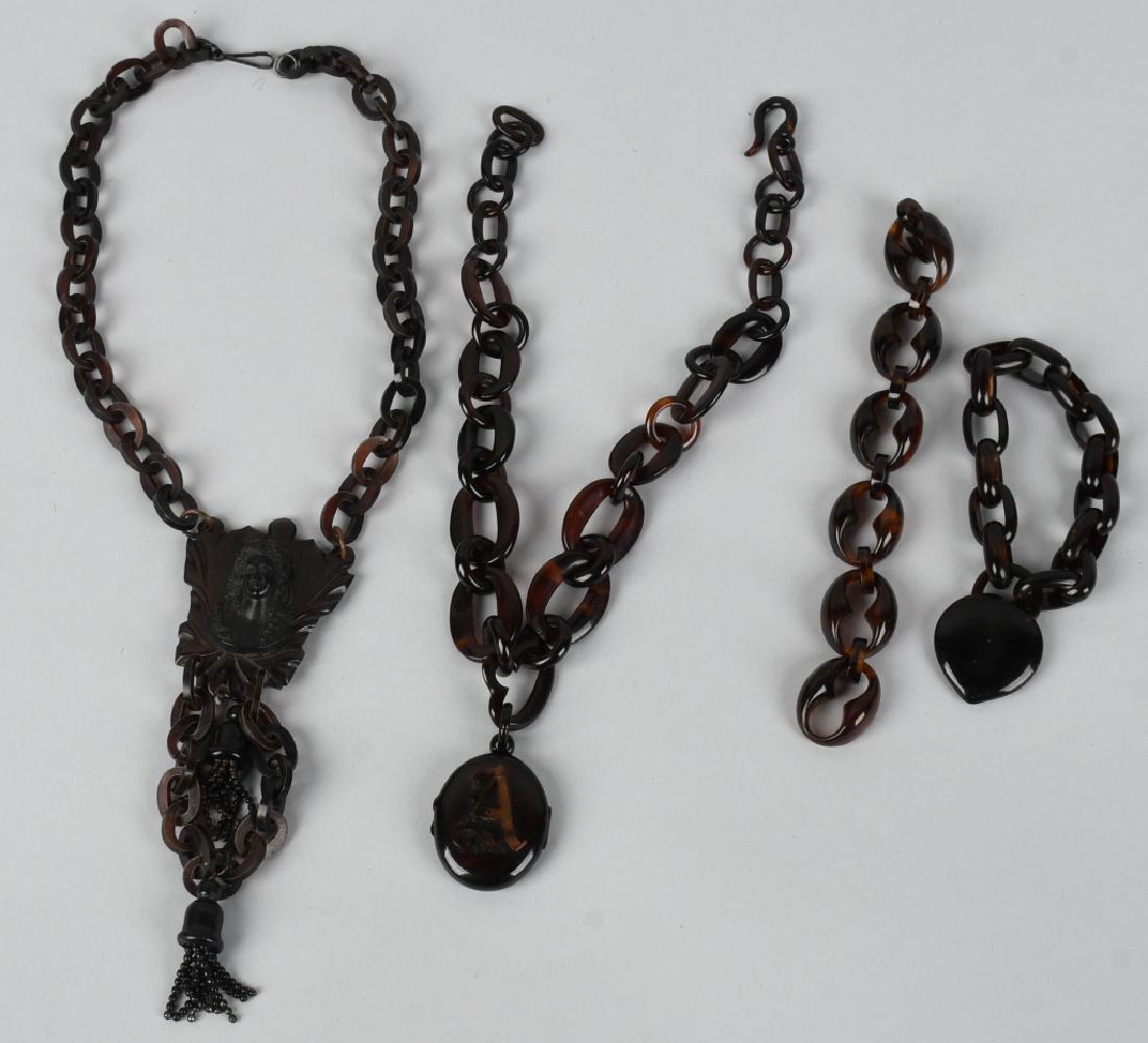 GROUP OF VICTORIAN MOURNING JEWELERY: Includes Horn and Wood 20" Necklace with Cameo Bust, 7" Tortoise Shell Bracelet, 16" Tortoise Shell Chain and Locket, and 7" Tortoise Shell Bracelet with Padlock Clasp.