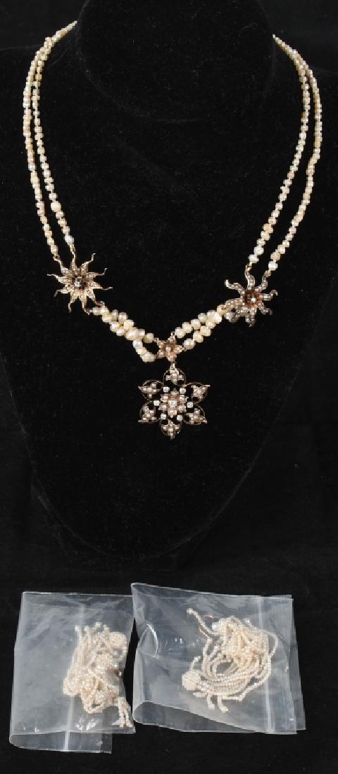 VICTORIAN SEED PEARL JEWELRY LOT: Includes Necklace with gold starburst 16" and pair of 3" Tassel Ear Rings