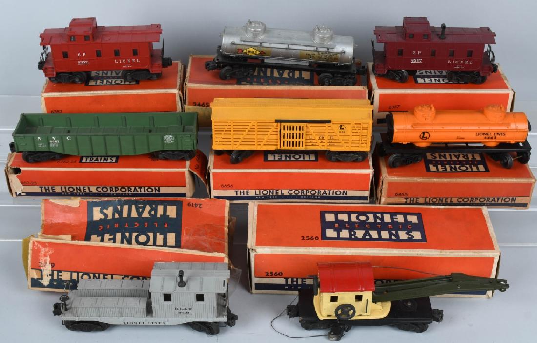 8- LIONEL ROLLING STOCK CARS w/ BOXES: Includes #6465 Tank Car, #6357 Caboose, #6656 Stock car, #2560 Operating Work Crane, #2465 Tank Car, #6462 Gondola, #2419 Working Caboose, and #6357 Caboose. All cars in great condition with Boxes.