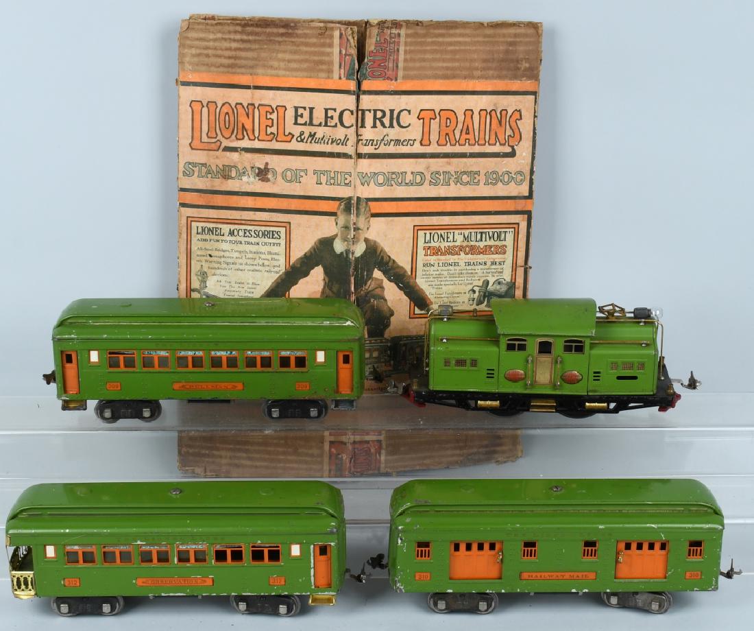 LIONEL STD GAUGE OUTFIT 342E ENGINE & 3 PASS CAR: Lionel gauge outfit 342E, Engine 318E engine all original paint and original Lionel replacement black wheels. Has 2 dents under hood should pull out 1 station missing very good condition. 309 pass car