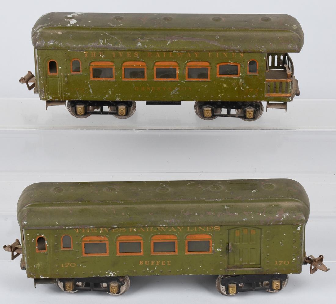 IVES STANDARD GAUGE 2 PASS CARS 170 & 172: Ives standard gauge 2 pass cars 170 & 172. 170 buffet car in good condition needs trucks reattached. 172 observation in good condition both have wear and need a light cleaning no box untested
