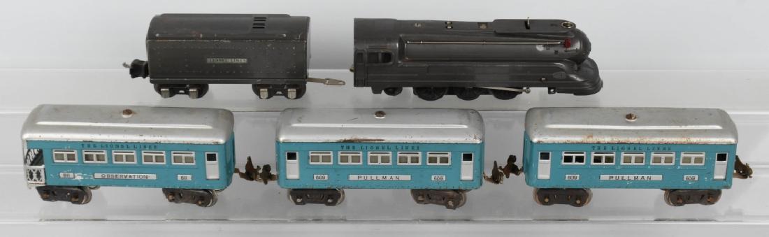 LIONEL PREWAR 1668E ENGINE & TENDER & 3 PASS CARS: Lionel prewar 1668e engine very clean missing pickup and front pilot wheels. Tender is complete very good condition. 2 - 609 pullman cars 1 has light rust on wheels and on roof & 611 observation very
