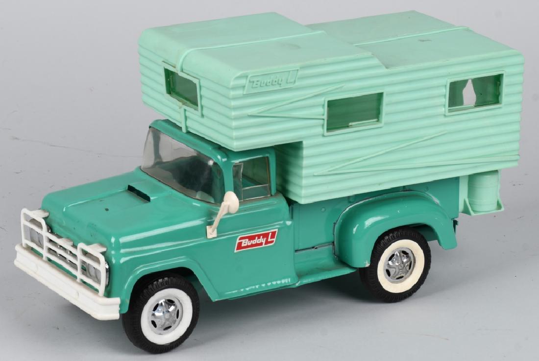 BUDDY L pressed steel PICKUP TRUCK w/ CAMPER: Original Buddy L pickup truck with camper top. truck is complete. Has paint rubs and front spring suspension. Rear step is missing one hinge pin. 14", Very Good-Excellent