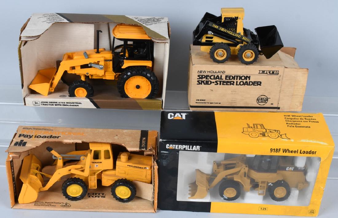 4 - NORSCOT & ERTL die cast LOADERS w/ BOXES: Lot includes a Norscot Caterpillar 918F, a New Holland Loader, a International Hough Pay Loader, and a 1:16 John Deere model 2755 loader. All include the original boxes. Excellent-Near Mint