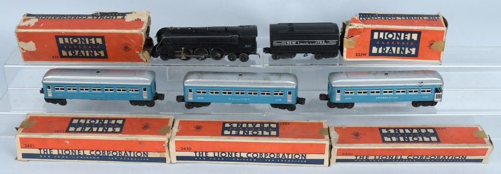 LIONEL PASSENGER SET #221 ENGINE & 3 CARS: Lionel Passenger Set includes #221 Engine with #221W Tender with Whistle, 2-#2430 Passenger Cars, and #2431 Observation Car. All cars blue with silver roofs. Set is all original and in nice condition.
