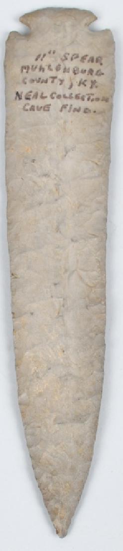 LARGE DOVE TAILED SPEAR POINT. MUHLENBERG, KY: Spear point measures 10 7/8", by 2 1/4" at widest point. Labeled 11" Spear Muhlenberg County, KY Neal Collection Cave Find. Very Good-Excellent