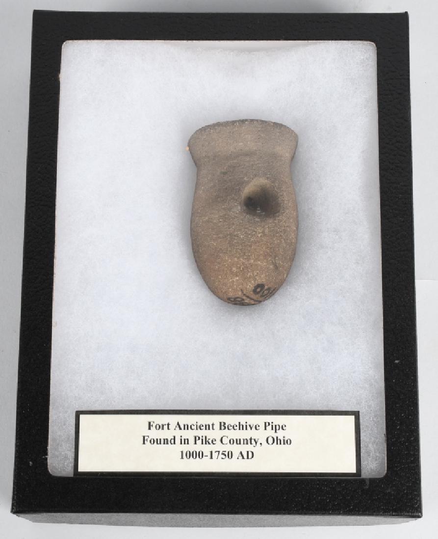 FORT ANCIENT BEEHIVE PIPE, PIKE CO, OHIO: Pipe measures 2 3/4" by 1 3/8" diameter. Pipe was recovered in Pike Co. Ohio and dates to 1000-1750AD. Very Good