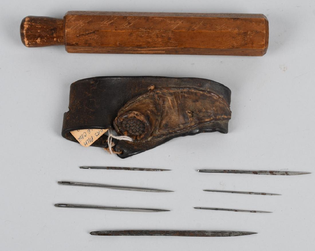 PRE CIVIL WAR NAVY SAILOR PALM STRAP & NEEDLE CASE: Circa 1830s - 1850s Sailor's sewing palm strap and needle case with 7 needles. Used to repair sails. Needle case is 7.25" long. very good.