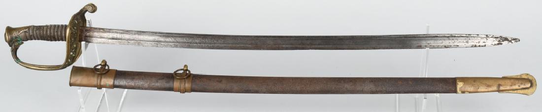 CIVIL WAR MODEL 1850 FOOT OFFICER'S SWORD: Armored marked "Klingenthal" in script on the spine, this is a French-made Model 1850 foot officer's sword produced for the United States. Has etched "US" and martial scenes on both sides of the blade
