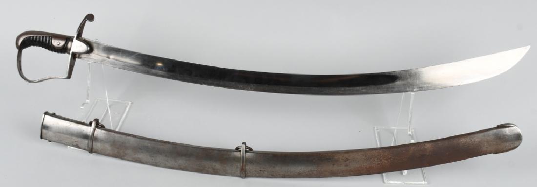 BRITISH MODEL 1796 CAVALRY SABER w/ SCABBARD: Massive Model 1796 British cavalry sword. 32 1/2" curved 1 9/16" wide blade. Iron "P" knuckle bow with leather over wood grip. The leather is worn and the twisted wire is missing. The blade is bright