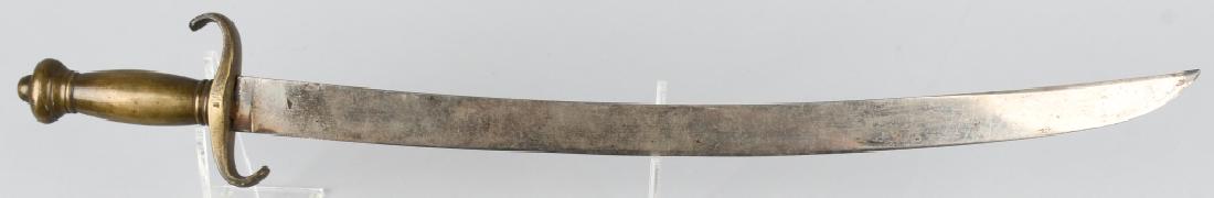 19th CENT. BRASS HILT SHORT SWORD: The sword is 28 1/2" overall with a 23 1/2" single edge curved blade that is 1 3/8" wide. Cast brass hilt is peened through he pommel. Missing leather washer. Has inspectors mark on quillon. Blade has