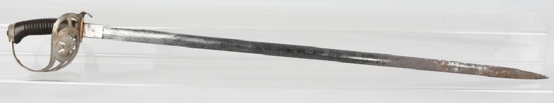 IMPERIAL GERMAN ARMY OFFICER's SWORD: Sword is about 37" overall with a 31 1/2" lightly etched blade. Pierced iron guard is nickel plated,a nd grip is Bakelite. Blade has significant rust and pitting toward the point. Hilt is tight and re