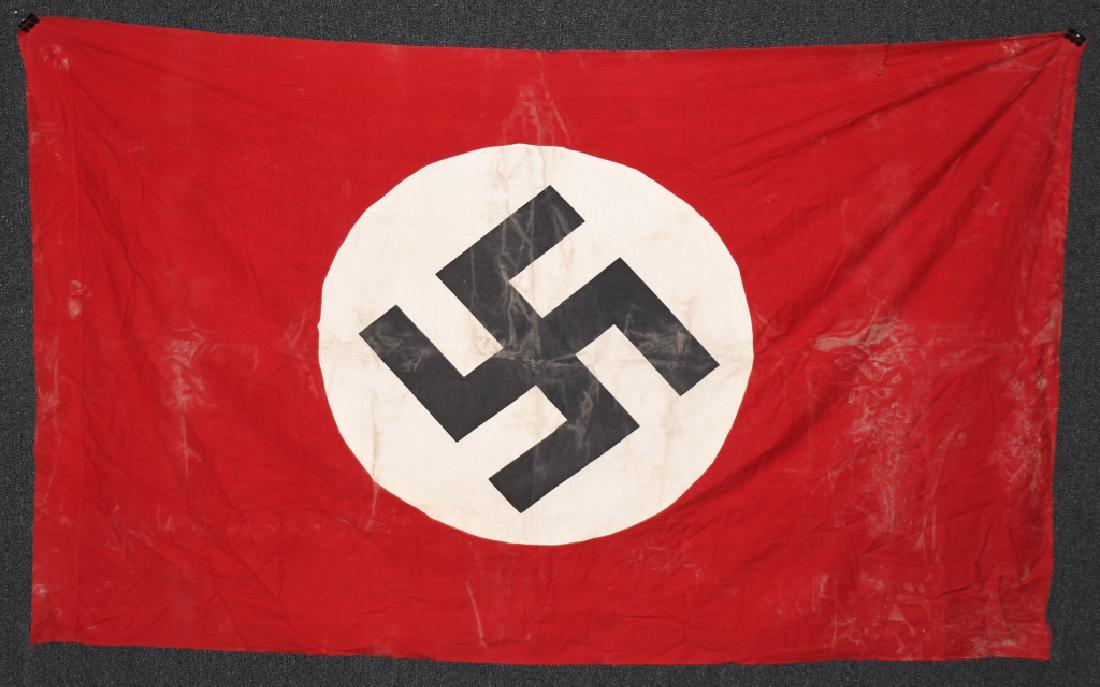 WWII NAZI GERMAN NSDAP BANNER FLAG: Double sided machine sewn multi piece cotton construction. Measures 45" x 74".. 2.5" sewn tear along edge. shows wear. very good.
