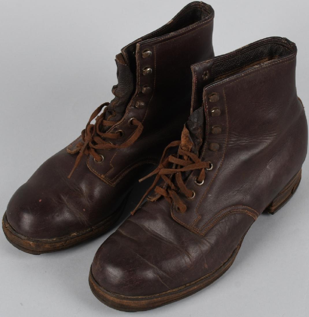 WWII NAZI GERMAN ARMY M44 HOBNAIL SHOES: Private purchase smooth multi-panel mid-brown leather construction ankle boots. This pair is a used pair but still in superb condition. Roughly a size 9. Besides the helmet the tall marching boot is p