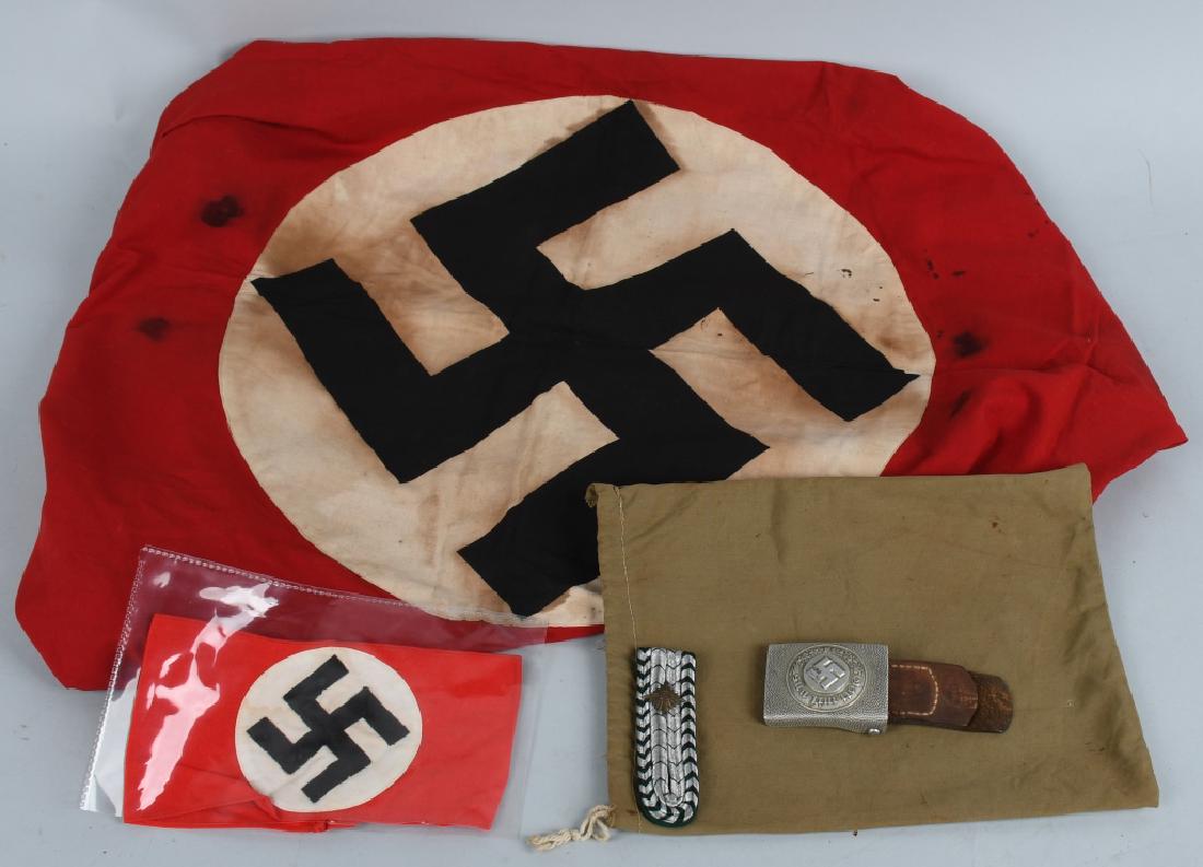 WWII NAZI GERMAN FLAG BELT BUCKLE ARMBAND LOT: WWII Nazi German souvenir lot of three items including Nazi armband. A red cotton armband upon which is sewn an approximately 9cm diameter white disk with a multi piece black mobile swastika with RZM 