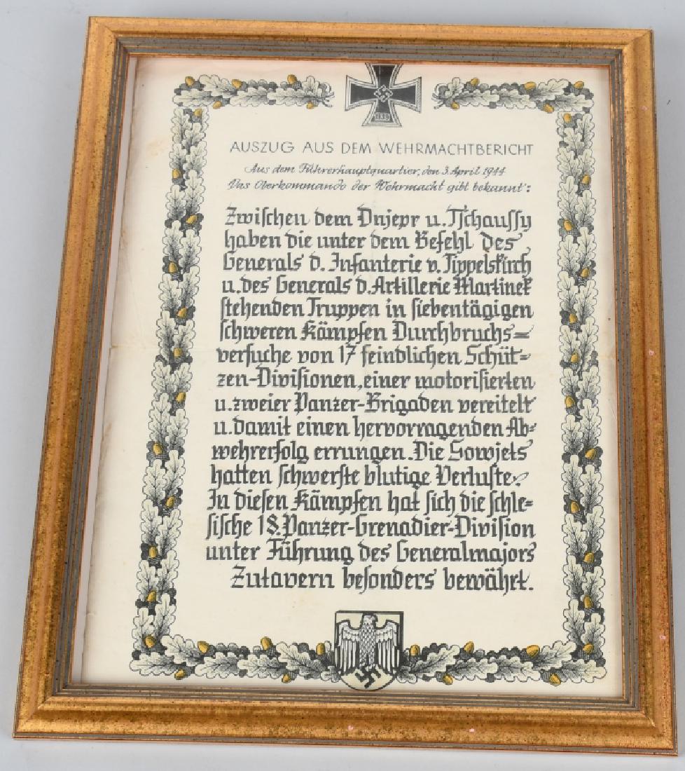 WWII NAZI GERMAN AUSZUG AUS DEM WEHRMACHTBERICHT: This document was given to infantry and artillery men of the 18th Panzer -Grenadier division that held off attacking U.S. forces for 17 days. It was awarded on April 3, 1944. 11" by 9", excellent