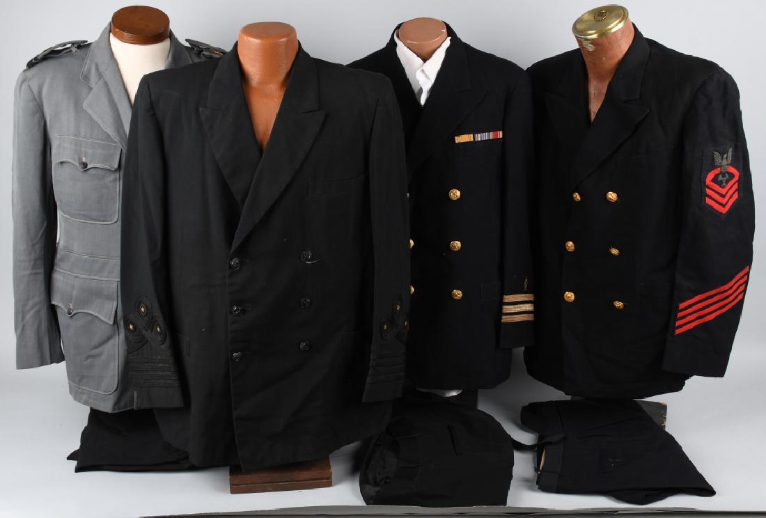 WWII US NAVY UNIFORM LOT WITH RIBBONS AND BOARDS: US Navy and Merchant Marine uniform lot. Includes US Navy Deck working gray uniform with shoulder boards and sewn ribbon bars denoting service in the European Theater of Operations and the American Ca
